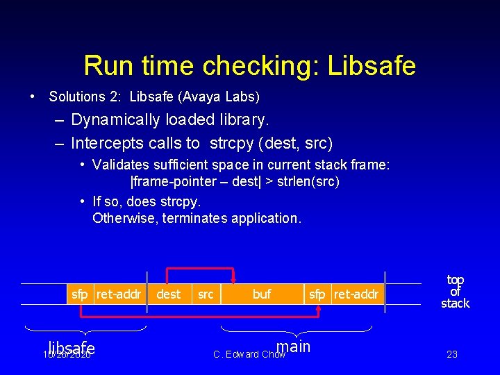 Run time checking: Libsafe • Solutions 2: Libsafe (Avaya Labs) – Dynamically loaded library.