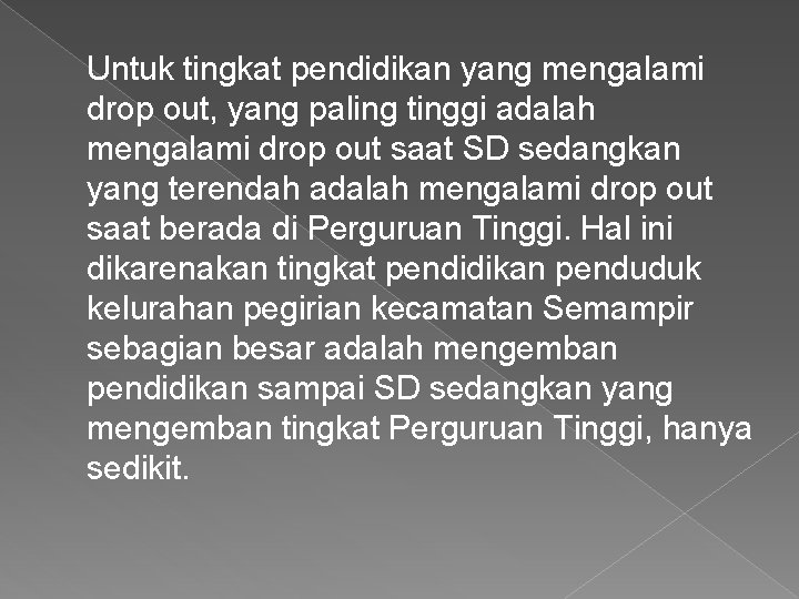 Untuk tingkat pendidikan yang mengalami drop out, yang paling tinggi adalah mengalami drop out