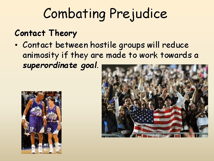 Combating Prejudice Contact Theory • Contact between hostile groups will reduce animosity if they