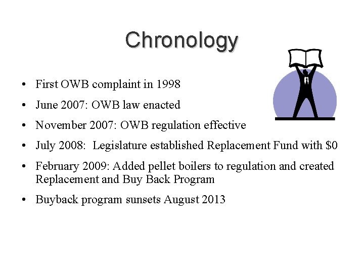 Chronology • First OWB complaint in 1998 • June 2007: OWB law enacted •