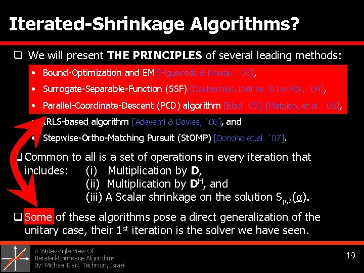 Iterated-Shrinkage Algorithms? q We will present THE PRINCIPLES of several leading methods: • Bound-Optimization
