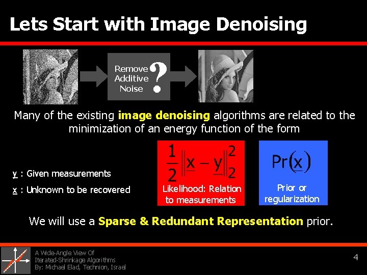 Lets Start with Image Denoising ? Remove Additive Noise Many of the existing image