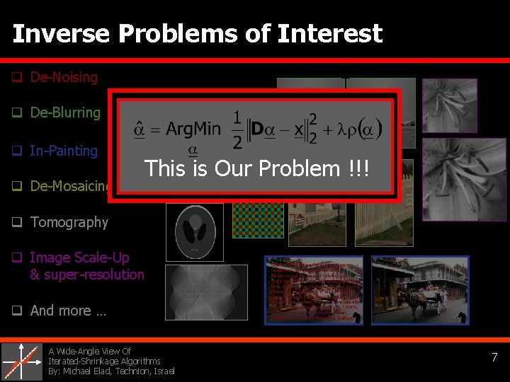 Inverse Problems of Interest q De-Noising q De-Blurring q In-Painting q De-Mosaicing This is