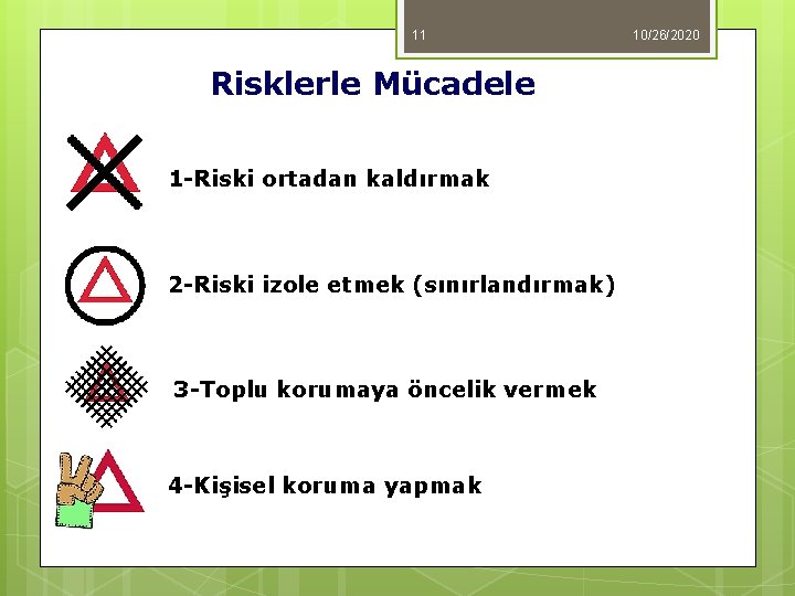 11 Risklerle Mücadele 1 -Riski ortadan kaldırmak 2 -Riski izole etmek (sınırlandırmak) 3 -Toplu