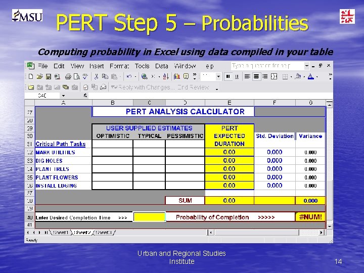 PERT Step 5 – Probabilities Computing probability in Excel using data compiled in your