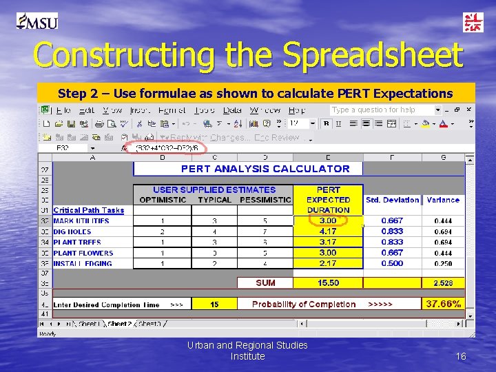 Constructing the Spreadsheet Step 2 – Use formulae as shown to calculate PERT Expectations