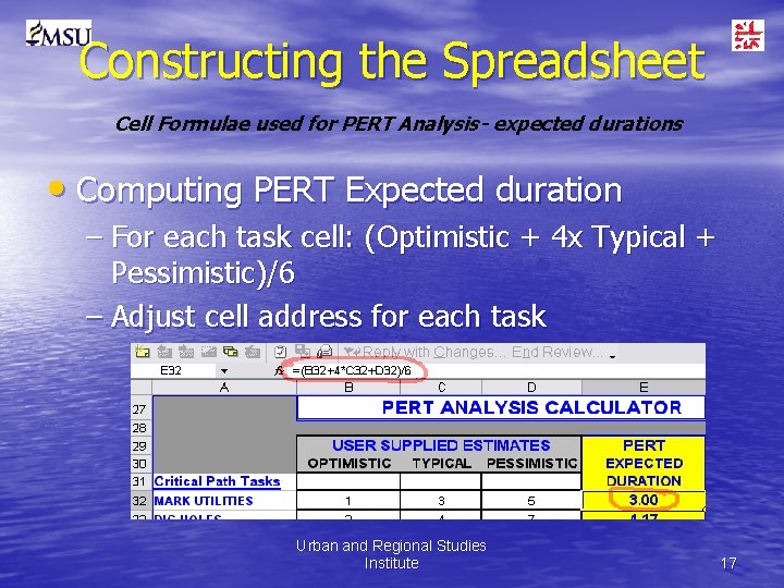 Constructing the Spreadsheet Cell Formulae used for PERT Analysis- expected durations • Computing PERT