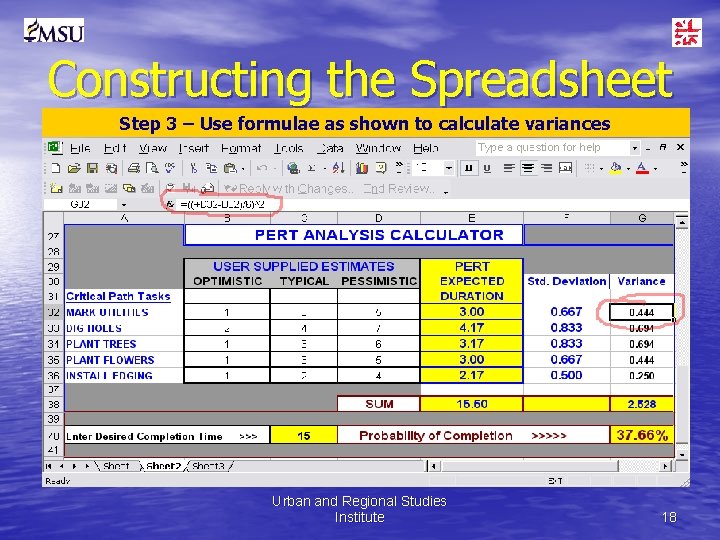 Constructing the Spreadsheet Step 3 – Use formulae as shown to calculate variances Urban