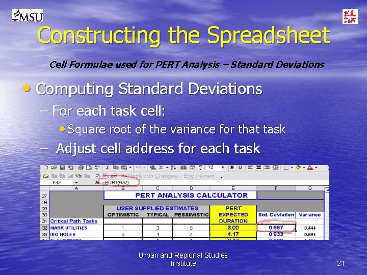 Constructing the Spreadsheet Cell Formulae used for PERT Analysis – Standard Deviations • Computing
