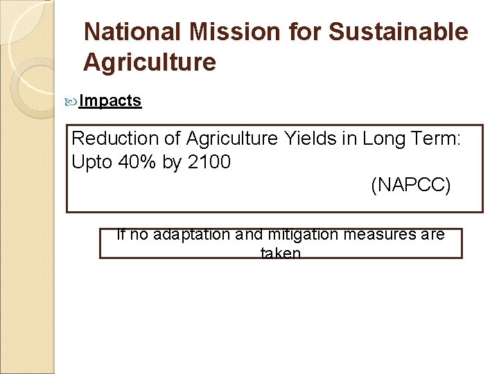 National Mission for Sustainable Agriculture Impacts Reduction of Agriculture Yields in Long Term: Upto