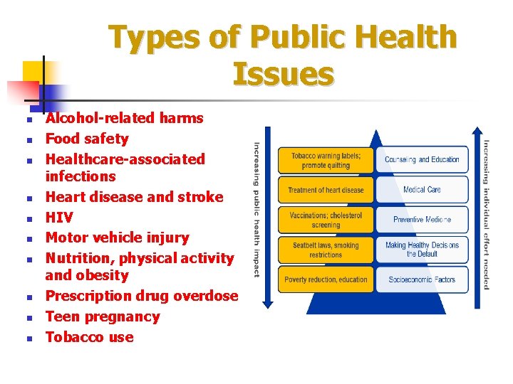 Types of Public Health Issues n n n n n Alcohol-related harms Food safety