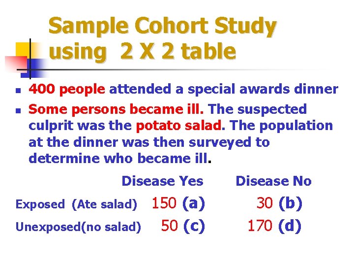 Sample Cohort Study using 2 X 2 table n n 400 people attended a