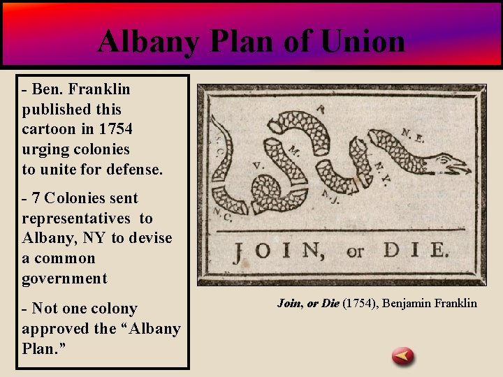 Albany Plan of Union BACK TO LESSON - Ben. Franklin published this cartoon in