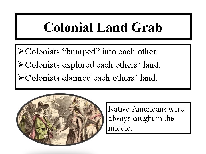 Colonial Land Grab Ø Colonists “bumped” into each other. Ø Colonists explored each others’