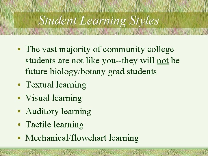 Student Learning Styles • The vast majority of community college students are not like