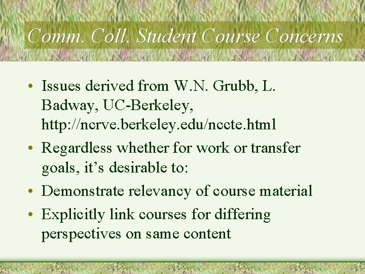 Comm. Coll. Student Course Concerns • Issues derived from W. N. Grubb, L. Badway,
