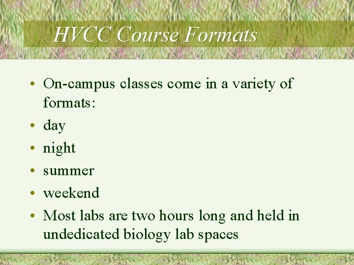 HVCC Course Formats • On-campus classes come in a variety of formats: • day