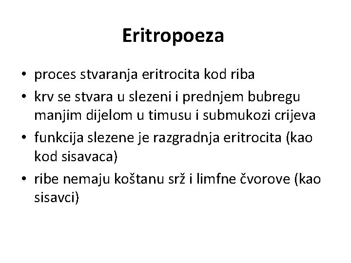 Eritropoeza • proces stvaranja eritrocita kod riba • krv se stvara u slezeni i