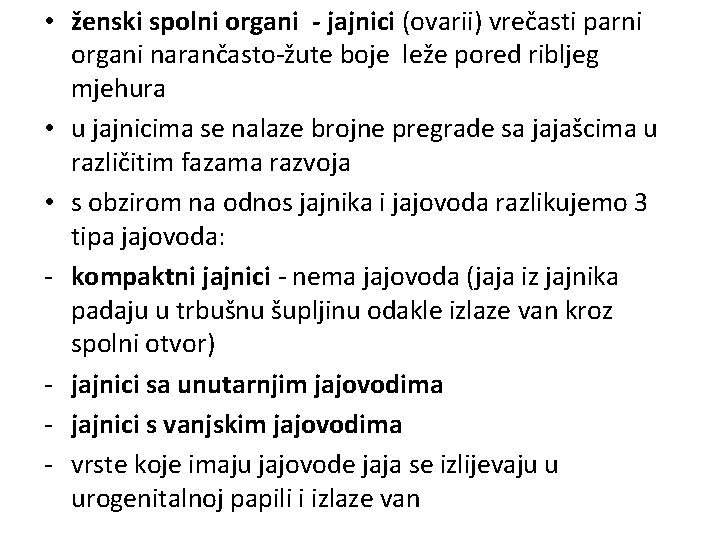  • ženski spolni organi - jajnici (ovarii) vrečasti parni organi narančasto-žute boje leže