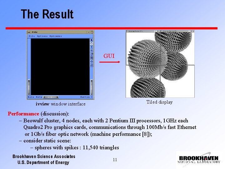 The Result GUI Tiled display ivview window interface Performance (discussion): – Beowulf cluster, 4