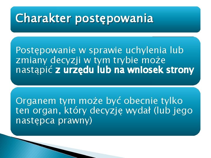 Charakter postępowania Postępowanie w sprawie uchylenia lub zmiany decyzji w tym trybie może nastąpić