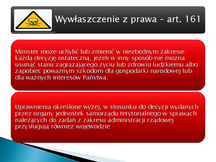 Wywłaszczenie z prawa – art. 161 Minister może uchylić lub zmienić w niezbędnym zakresie