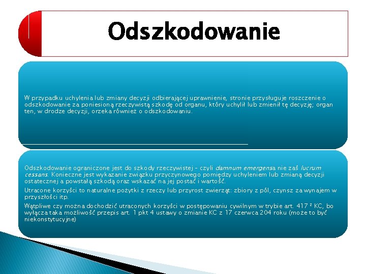 Odszkodowanie W przypadku uchylenia lub zmiany decyzji odbierającej uprawnienie, stronie przysługuje roszczenie o odszkodowanie