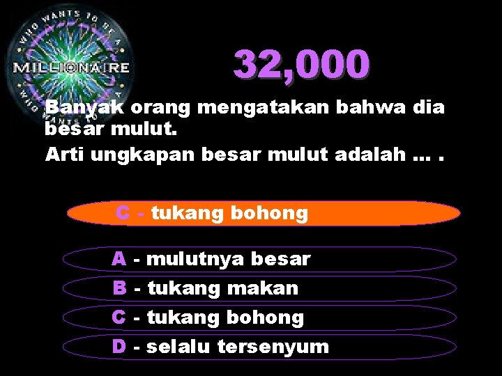 32, 000 Banyak orang mengatakan bahwa dia besar mulut. Arti ungkapan besar mulut adalah.