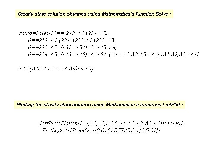 Steady state solution obtained using Mathematica’s function Solve : soleq=Solve[{0==-k 12 A 1+k 21