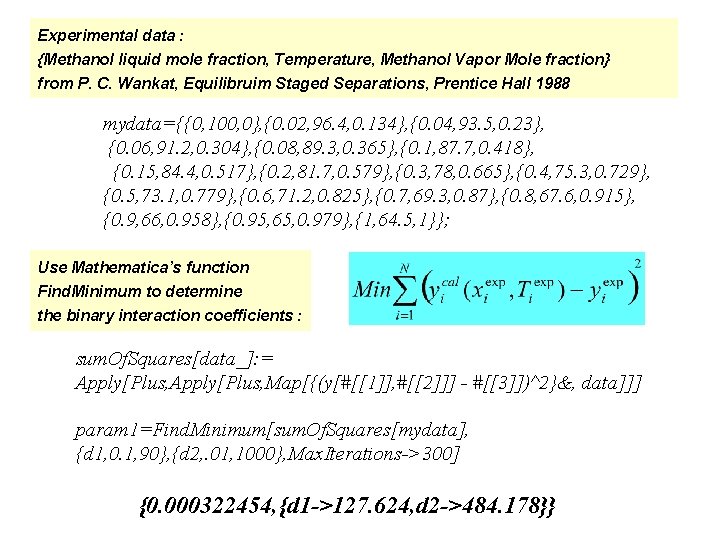 Experimental data : {Methanol liquid mole fraction, Temperature, Methanol Vapor Mole fraction} from P.