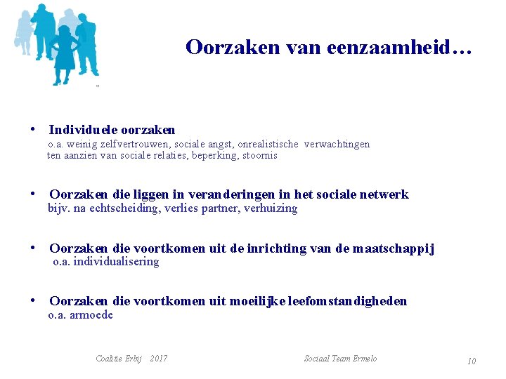 Oorzaken van eenzaamheid… • Individuele oorzaken o. a. weinig zelfvertrouwen, sociale angst, onrealistische verwachtingen