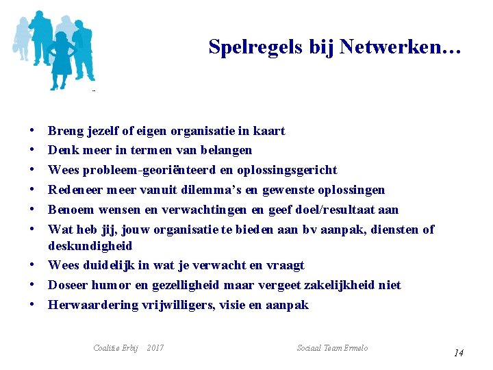 Spelregels bij Netwerken… • • • Breng jezelf of eigen organisatie in kaart Denk