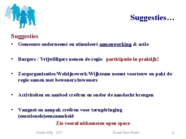 Suggesties… Suggesties • Gemeente onderneemt en stimuleert samenwerking & actie • Burgers / Vrijwilligers