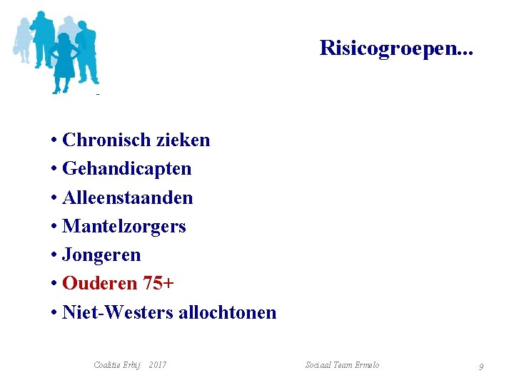 Risicogroepen. . . • Chronisch zieken • Gehandicapten • Alleenstaanden • Mantelzorgers • Jongeren