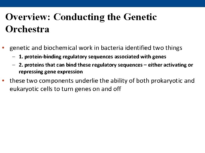 Overview: Conducting the Genetic Orchestra • genetic and biochemical work in bacteria identified two