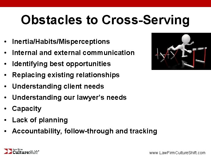 Obstacles to Cross-Serving • Inertia/Habits/Misperceptions • Internal and external communication • Identifying best opportunities