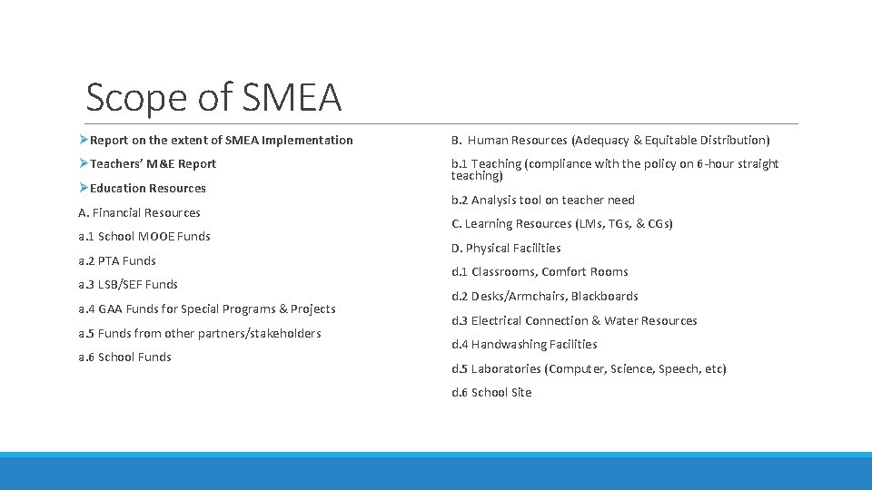 Scope of SMEA ØReport on the extent of SMEA Implementation B. Human Resources (Adequacy