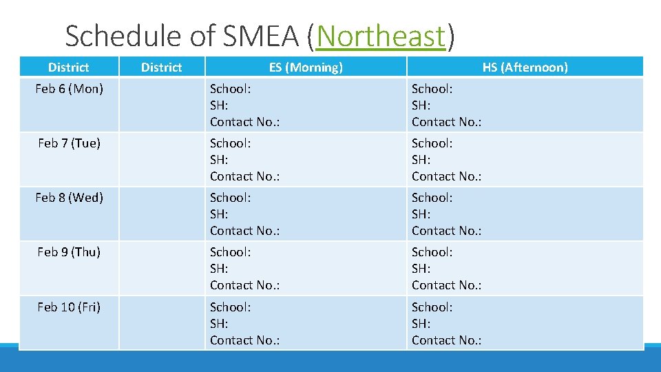 Schedule of SMEA (Northeast) District ES (Morning) HS (Afternoon) Feb 6 (Mon) School: SH: