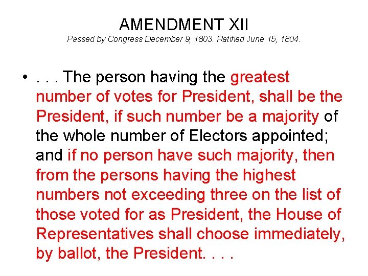 AMENDMENT XII Passed by Congress December 9, 1803. Ratified June 15, 1804. • .