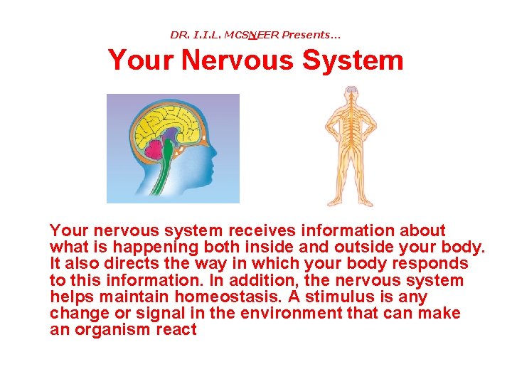 DR. I. I. L. MCSNEER Presents… Your Nervous System Your nervous system receives information