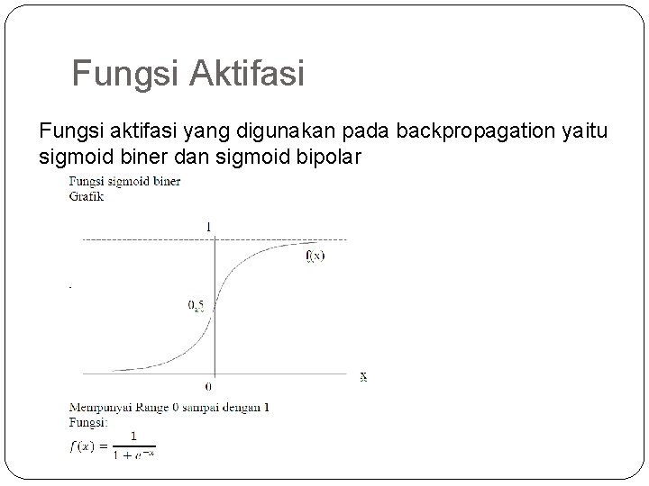 Fungsi Aktifasi Fungsi aktifasi yang digunakan pada backpropagation yaitu sigmoid biner dan sigmoid bipolar