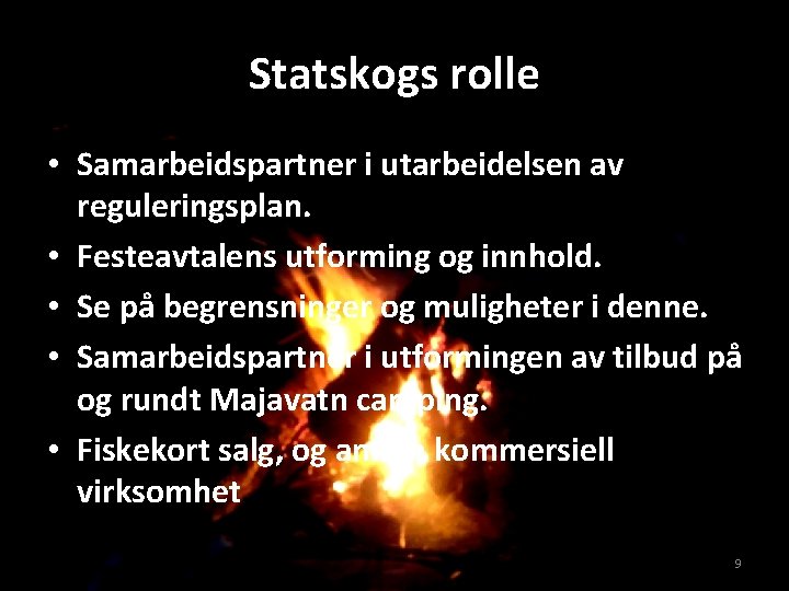 Statskogs rolle • Samarbeidspartner i utarbeidelsen av reguleringsplan. • Festeavtalens utforming og innhold. •