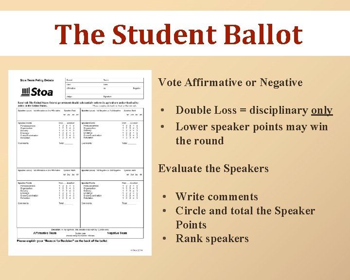 The Student Ballot Vote Affirmative or Negative • Double Loss = disciplinary only •