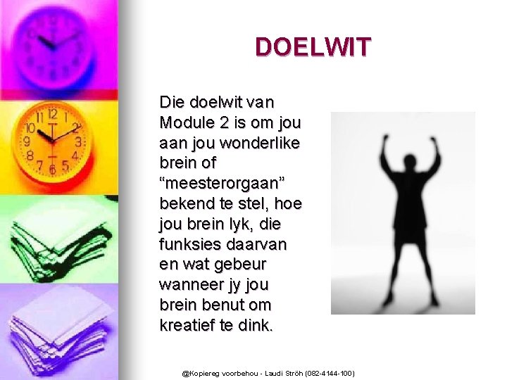 DOELWIT Die doelwit van Module 2 is om jou aan jou wonderlike brein of