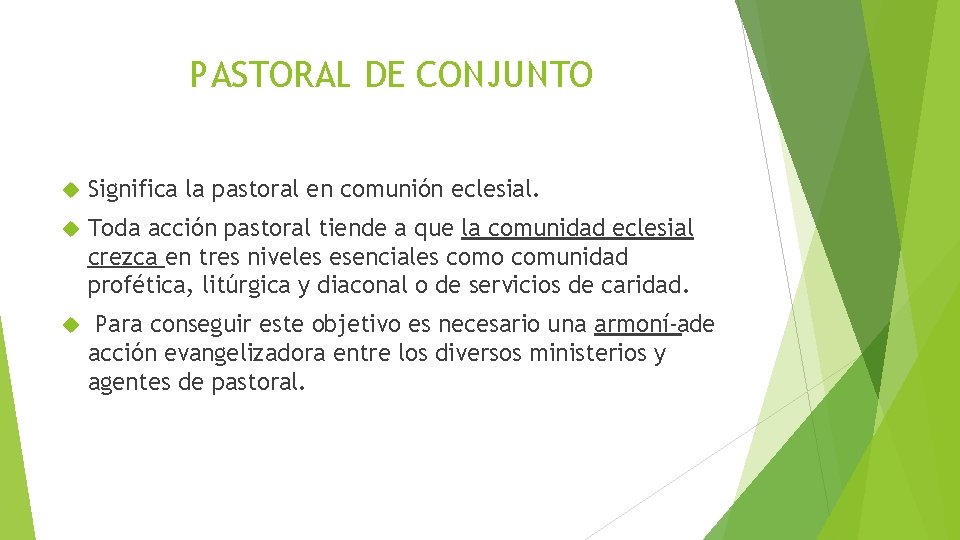 PASTORAL DE CONJUNTO Significa la pastoral en comunión eclesial. Toda acción pastoral tiende a