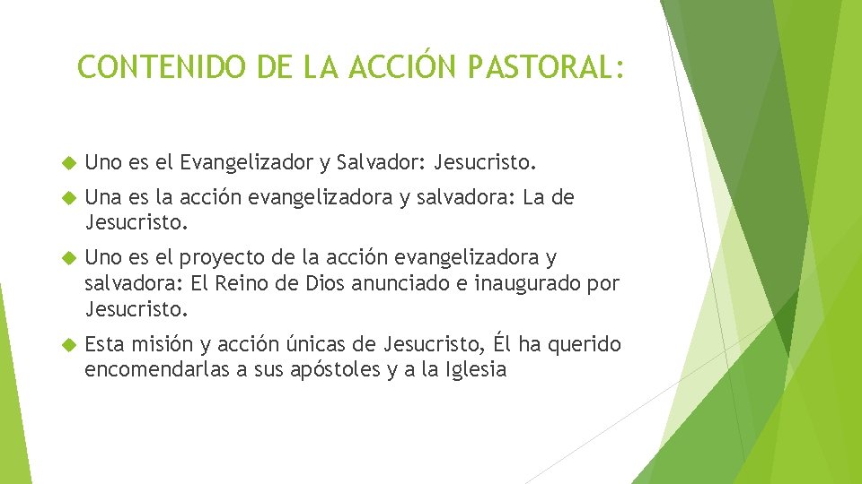 CONTENIDO DE LA ACCIÓN PASTORAL: Uno es el Evangelizador y Salvador: Jesucristo. Una es