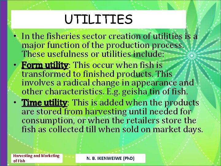 UTILITIES • In the fisheries sector creation of utilities is a major function of