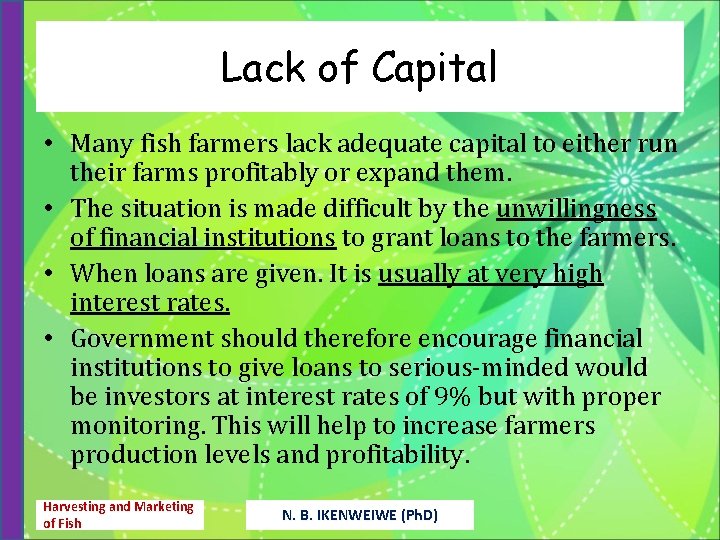 Lack of Capital • Many fish farmers lack adequate capital to either run their