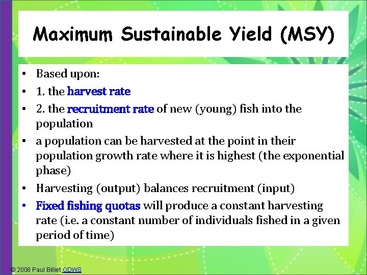 Maximum Sustainable Yield (MSY) • Based upon: • 1. the harvest rate • 2.