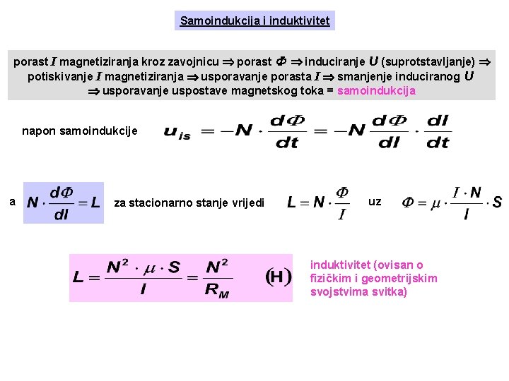 Samoindukcija i induktivitet porast I magnetiziranja kroz zavojnicu porast induciranje U (suprotstavljanje) potiskivanje I